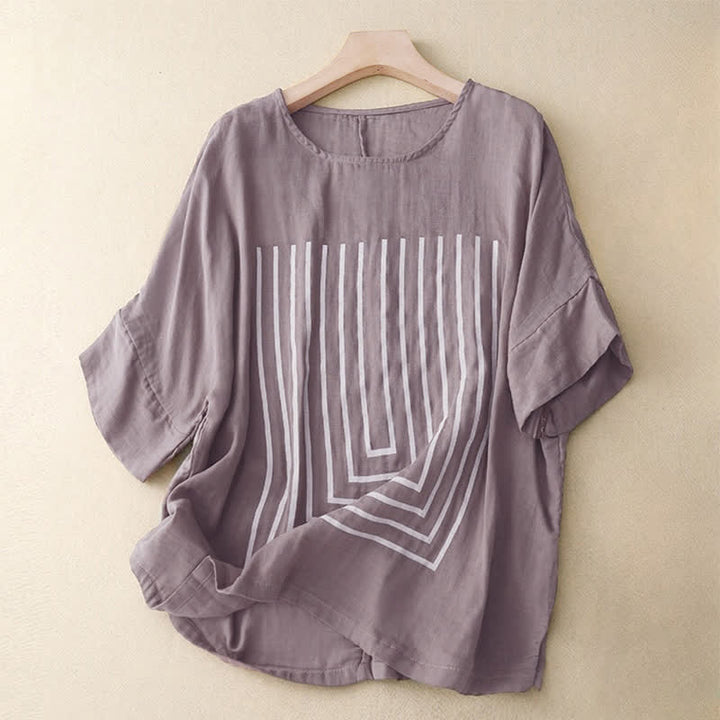 Buddha Stones Casual Line Printing Pattern Short Sleeve Cotton Linen Women's T-Shirt - Thistle - US12，UK/AU16，EU44 (2XL) - image 17