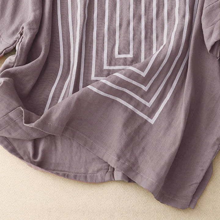 Buddha Stones Casual Line Printing Pattern Short Sleeve Cotton Linen Women's T-Shirt - image 20