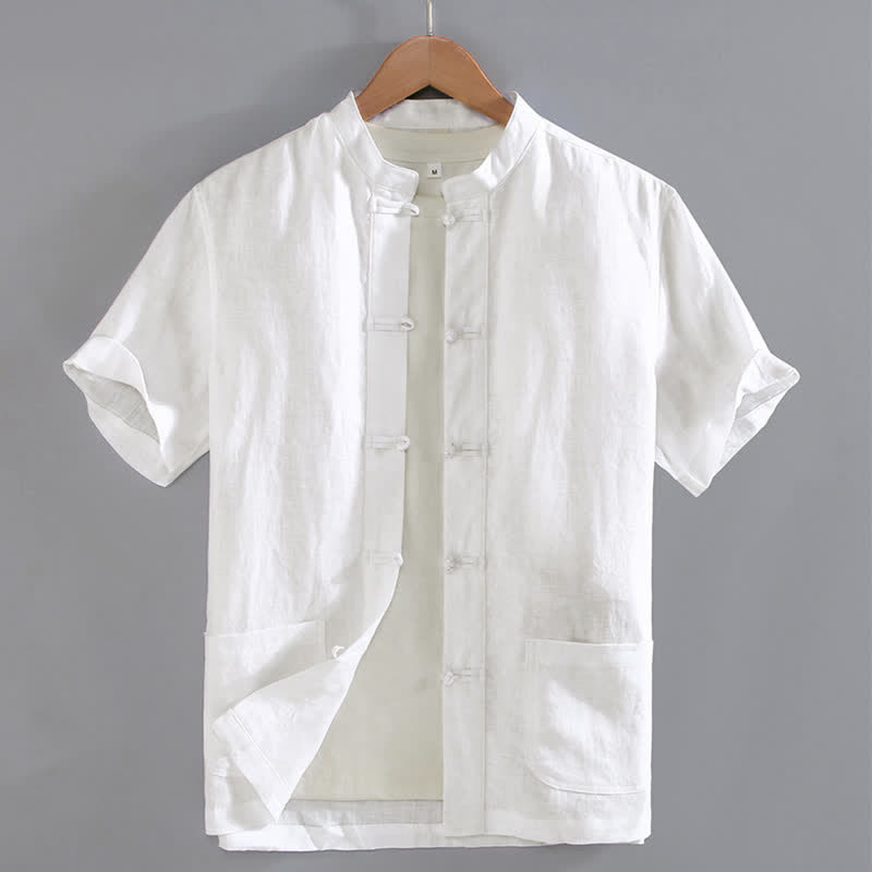 Buddha Stones Vintage Plain Tang Suit Chinese Frog-Button Men's Shirt With Pockets - White - US/UK/AU46，EU56 (5XL) - image 10