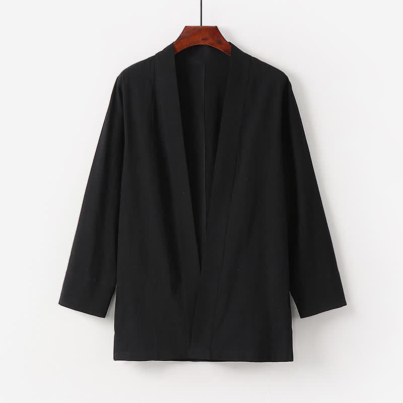 Buddha Stones Summer Minimalist Solid Cotton Linen Men's Kimono With Pocket - Black - US/UK/AU50，EU60 (7XL) - image 2
