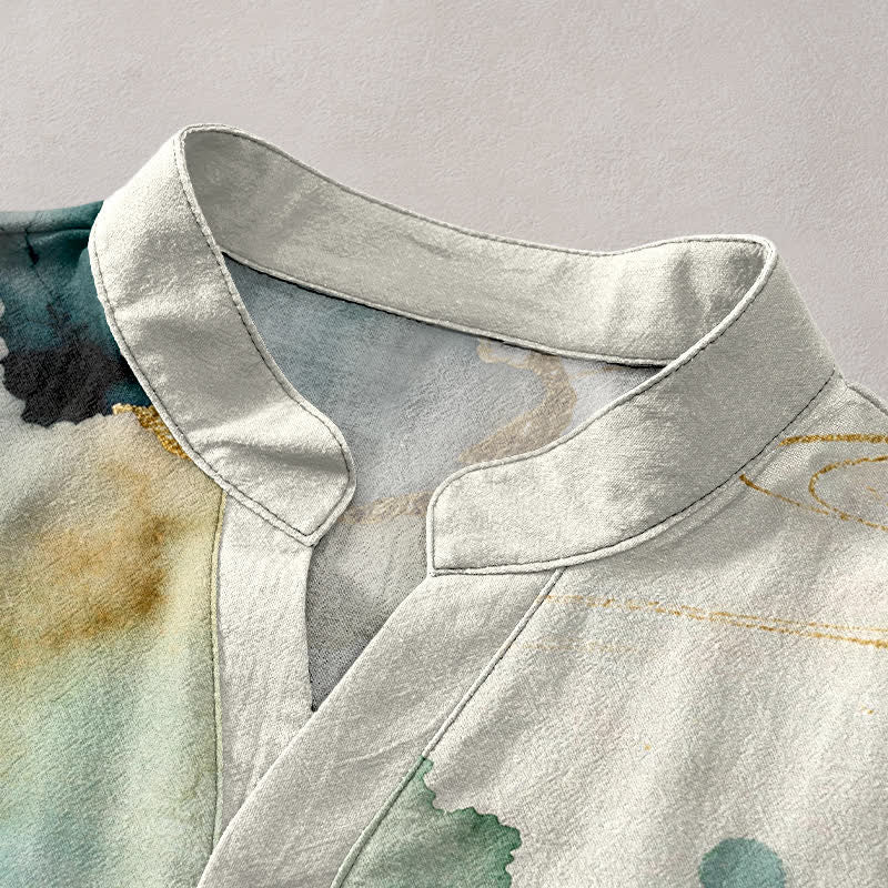 Buddha Stones Cotton Koi Fish Lotus Pattern Men's Short Sleeve Half Button Shirt - image 2