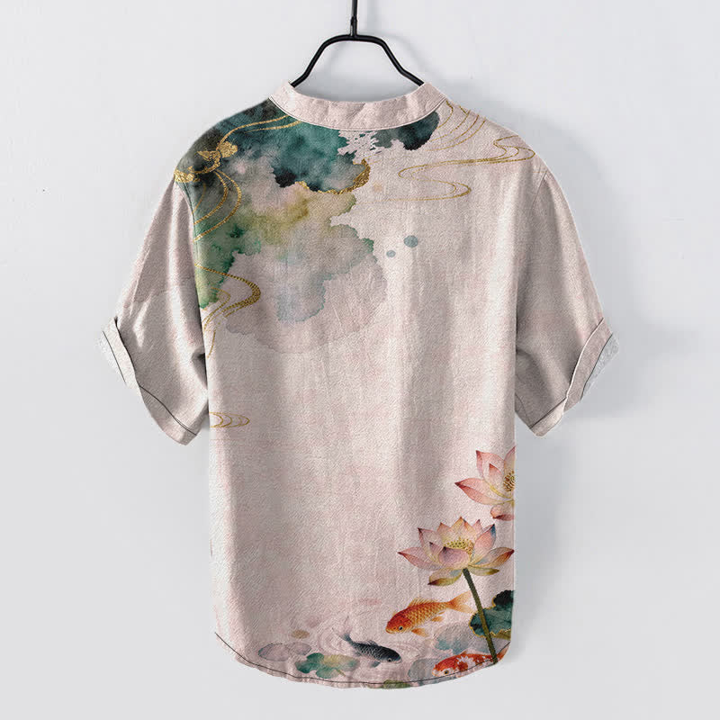 Buddha Stones Cotton Koi Fish Lotus Pattern Men's Short Sleeve Half Button Shirt - image 6