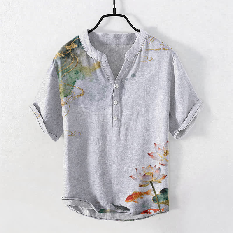 Buddha Stones Cotton Koi Fish Lotus Pattern Men's Short Sleeve Half Button Shirt - LightBlue - US/UK/AU50，EU60 (5XL) - image 7