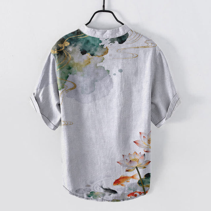 Buddha Stones Cotton Koi Fish Lotus Pattern Men's Short Sleeve Half Button Shirt - image 8