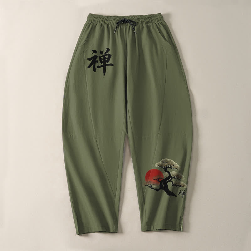 Buddha Stones Pure Cotton Zen Bonsai Sunset Pattern Drawstring Men's Tapered Pants With Pockets - image 9