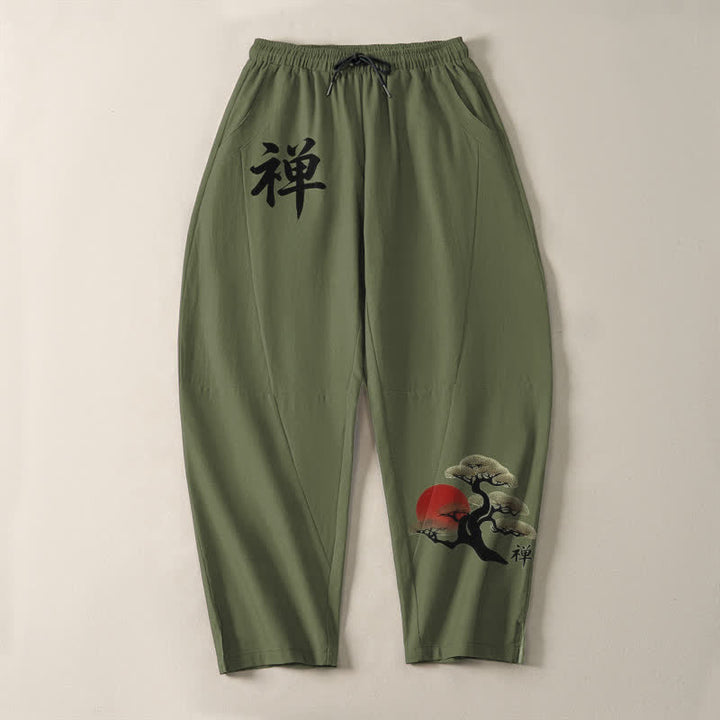 Buddha Stones Pure Cotton Zen Bonsai Sunset Pattern Drawstring Men's Tapered Pants With Pockets - image 9