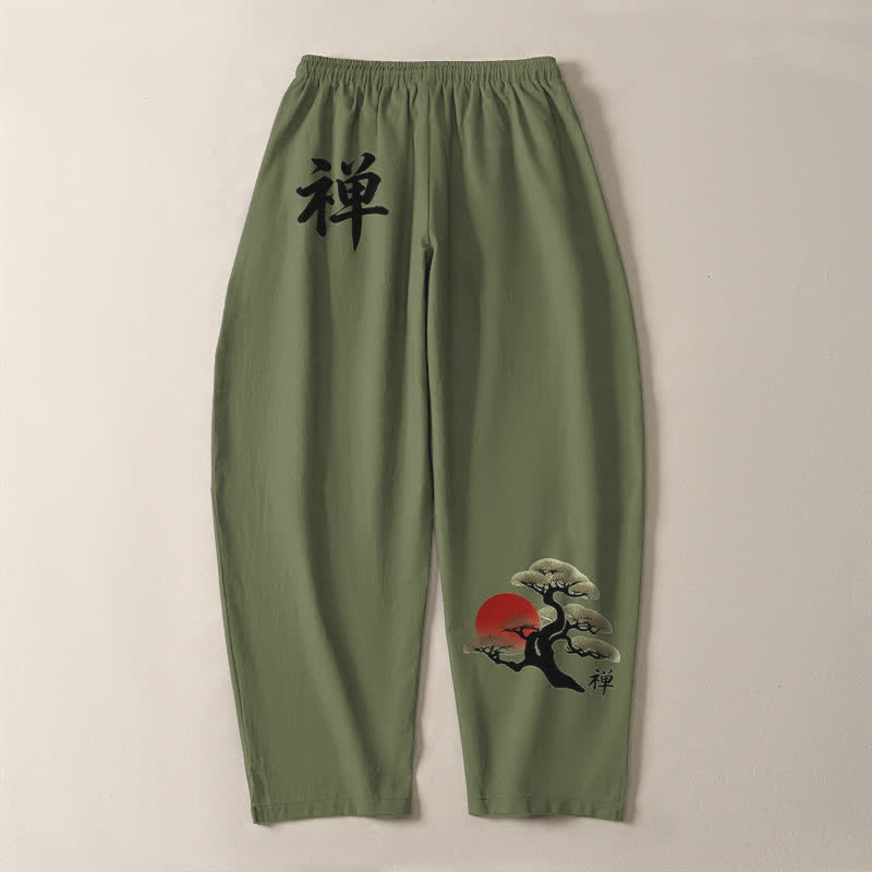Buddha Stones Pure Cotton Zen Bonsai Sunset Pattern Drawstring Men's Tapered Pants With Pockets - image 10