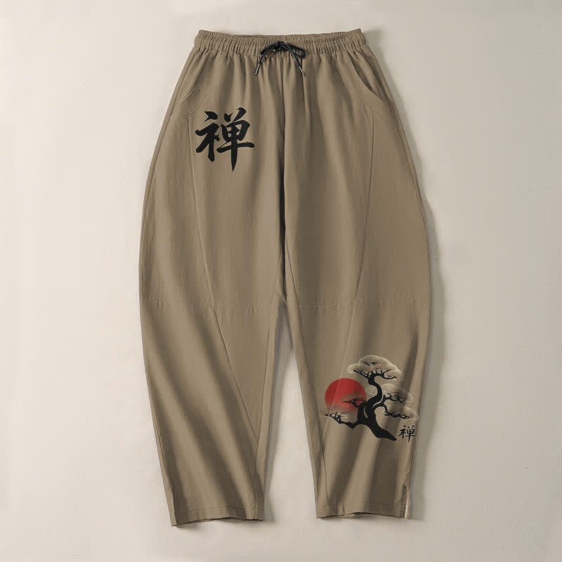 Buddha Stones Pure Cotton Zen Bonsai Sunset Pattern Drawstring Men's Tapered Pants With Pockets - image 13