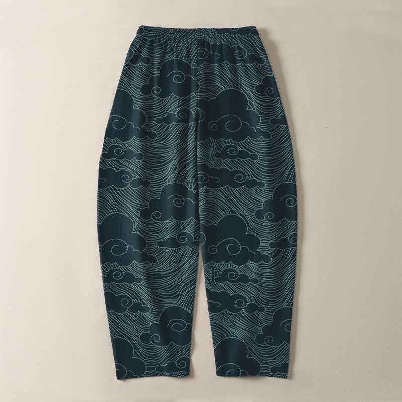 Buddha Stones Pure Cotton Japanese Cloud Wave Pattern Drawstring Men's Tapered Pants With Pockets - image 14