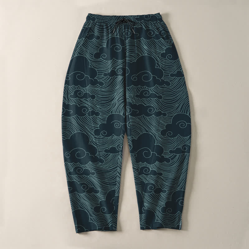 Buddha Stones Pure Cotton Japanese Cloud Wave Pattern Drawstring Men's Tapered Pants With Pockets - image 13