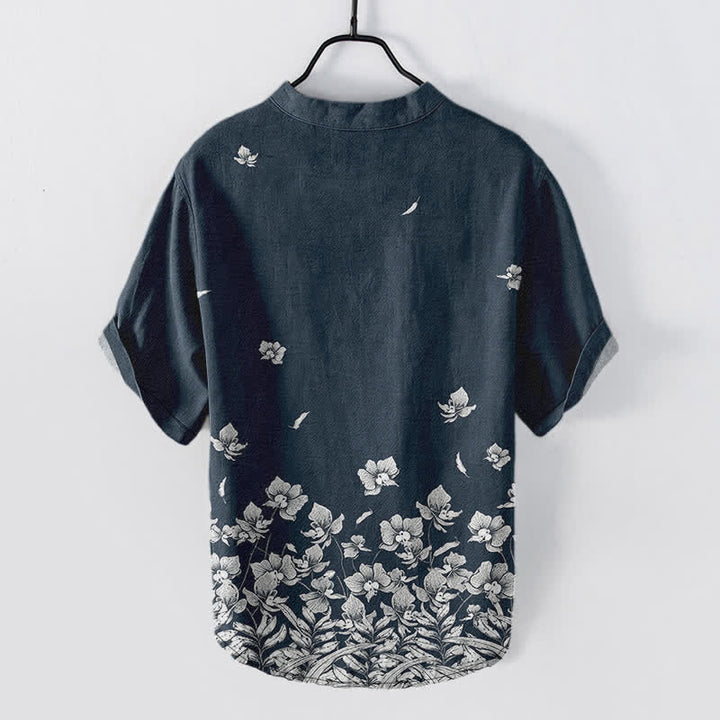 Buddha Stones Cotton White Floral Hem Pattern Men's Short Sleeve Half Button Shirt - Navy - US/UK/AU50，EU60 (5XL) - image 1