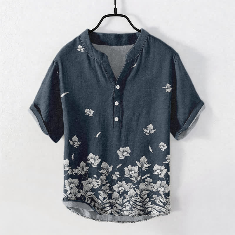 Buddha Stones Cotton White Floral Hem Pattern Men's Short Sleeve Half Button Shirt - image 0