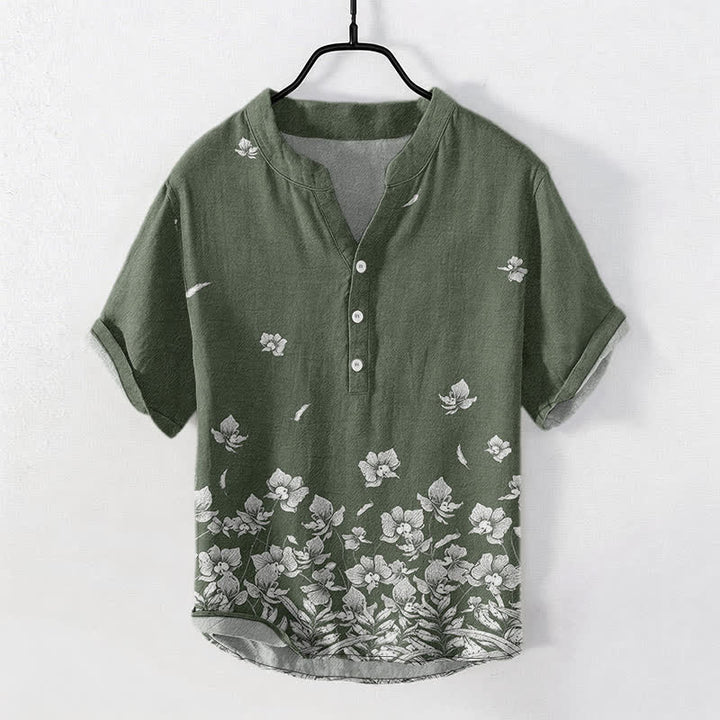 Buddha Stones Cotton White Floral Hem Pattern Men's Short Sleeve Half Button Shirt - DarkOliveGreen - US/UK/AU50，EU60 (5XL) - image 7
