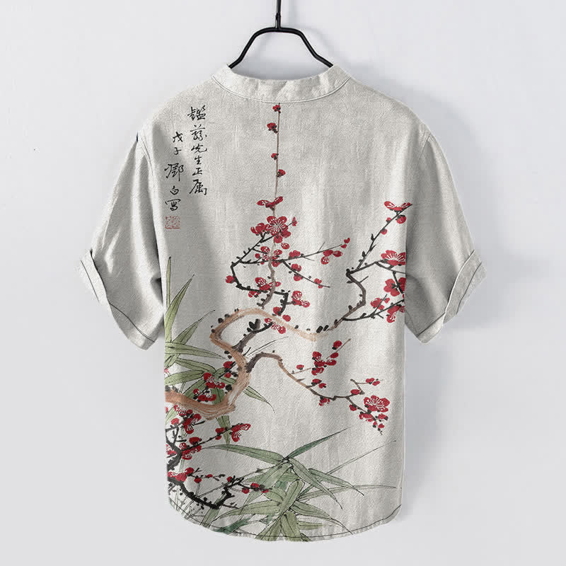 Buddha Stones Cotton Plum Blossom Bamboo Pattern Men's Short Sleeve Half Button Shirt - image 1