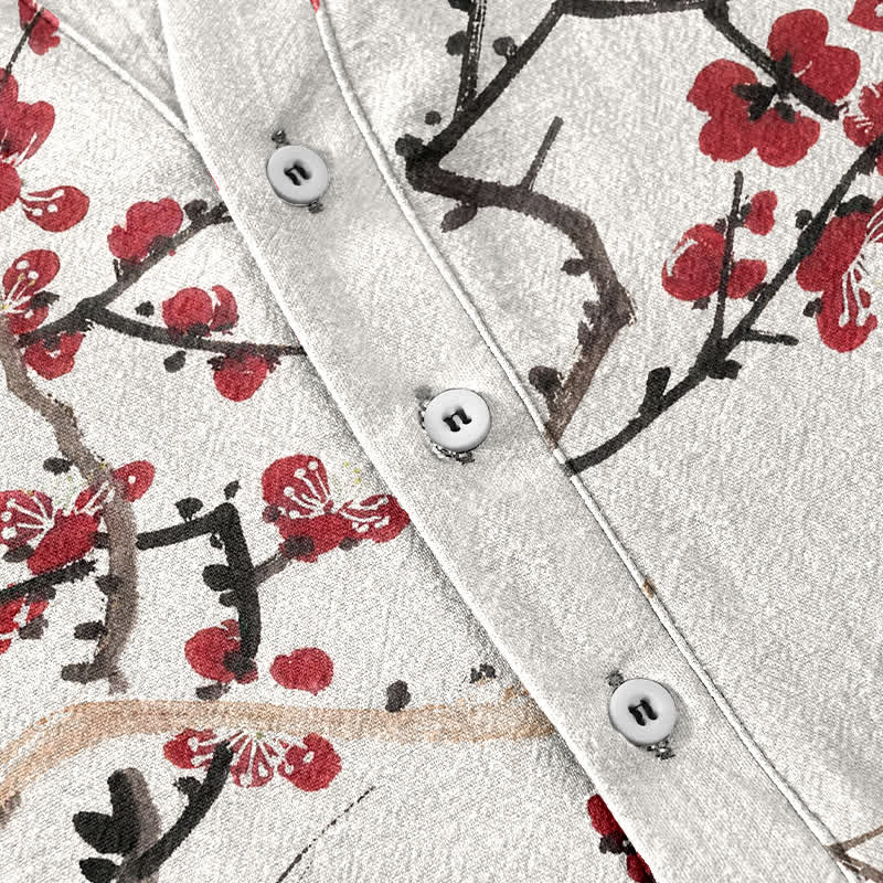 Buddha Stones Cotton Plum Blossom Bamboo Pattern Men's Short Sleeve Half Button Shirt - image 3