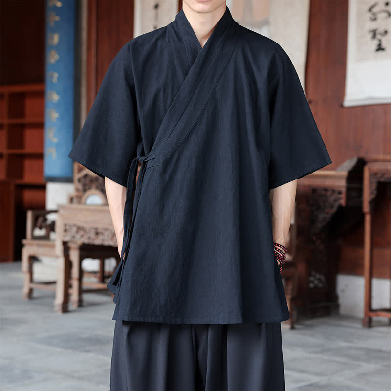 Buddha Stones Summer Tang Style Minimalist Side Slit V-Neck Solid Men's Short Sleeve Shirts With Pocket - Black - US/UK/AU46, EU56 (5XL) - image 9