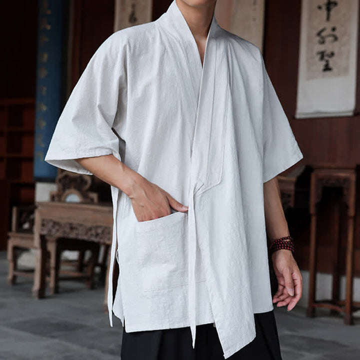 Buddha Stones Summer Tang Style Minimalist Side Slit V-Neck Solid Men's Short Sleeve Shirts With Pocket - image 25