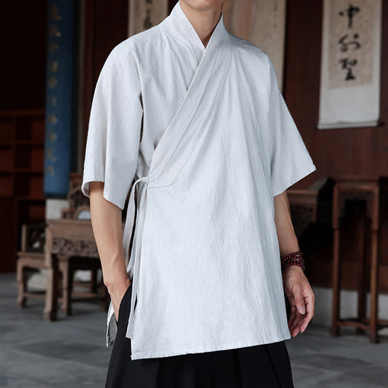 Buddha Stones Summer Tang Style Minimalist Side Slit V-Neck Solid Men's Short Sleeve Shirts With Pocket - image 30