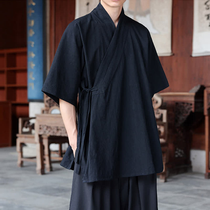 Buddha Stones Summer Tang Style Minimalist Side Slit V-Neck Solid Men's Short Sleeve Shirts With Pocket - image 10