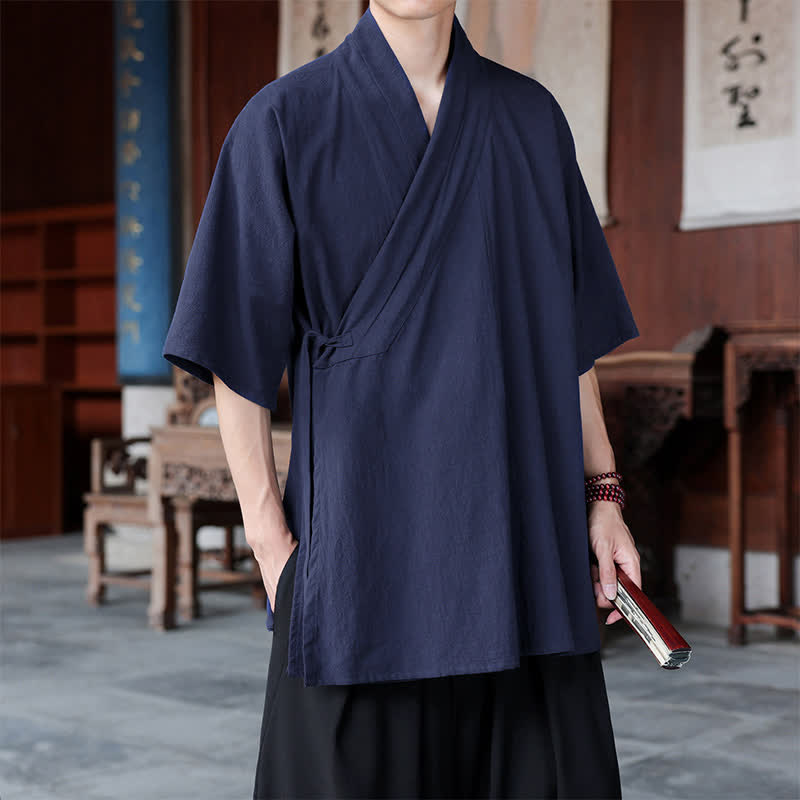 Buddha Stones Summer Tang Style Minimalist Side Slit V-Neck Solid Men's Short Sleeve Shirts With Pocket - image 4