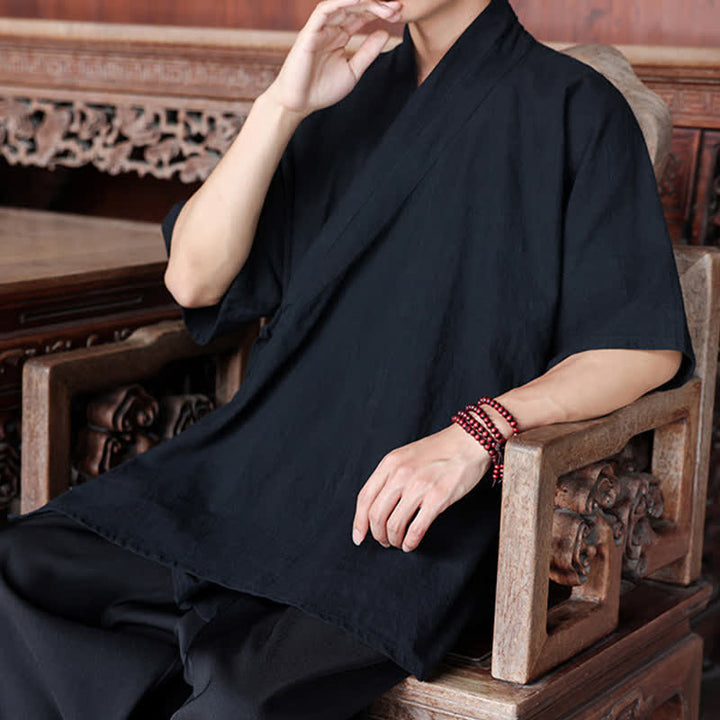 Buddha Stones Summer Tang Style Minimalist Side Slit V-Neck Solid Men's Short Sleeve Shirts With Pocket - image 15