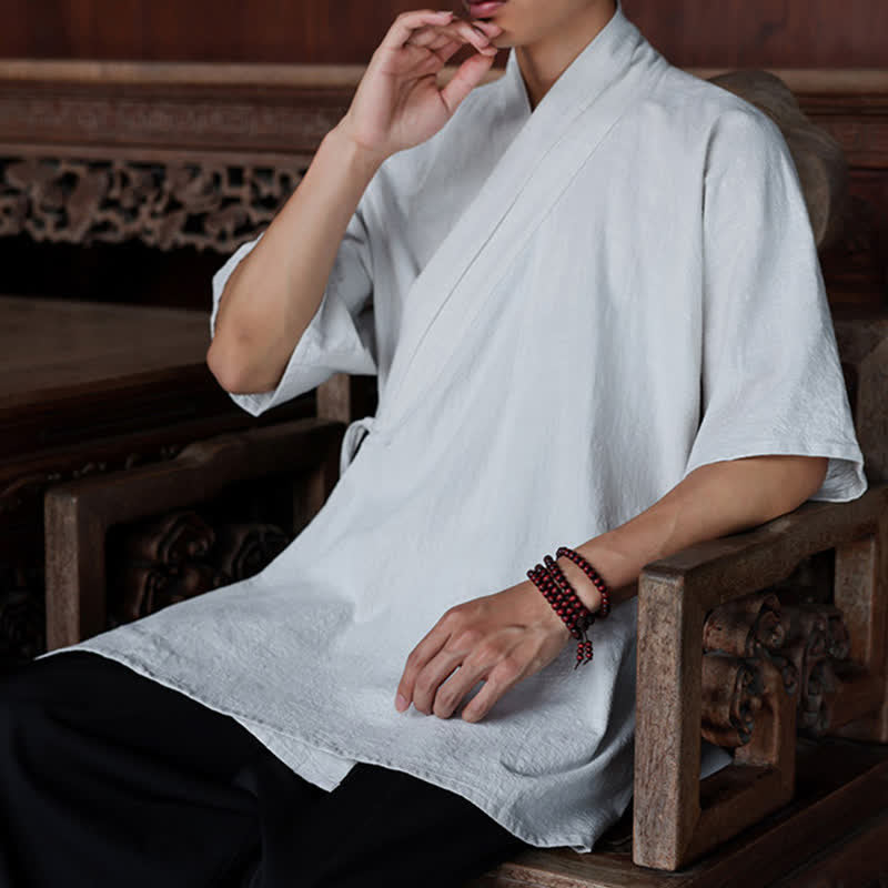 Buddha Stones Summer Tang Style Minimalist Side Slit V-Neck Solid Men's Short Sleeve Shirts With Pocket - image 31