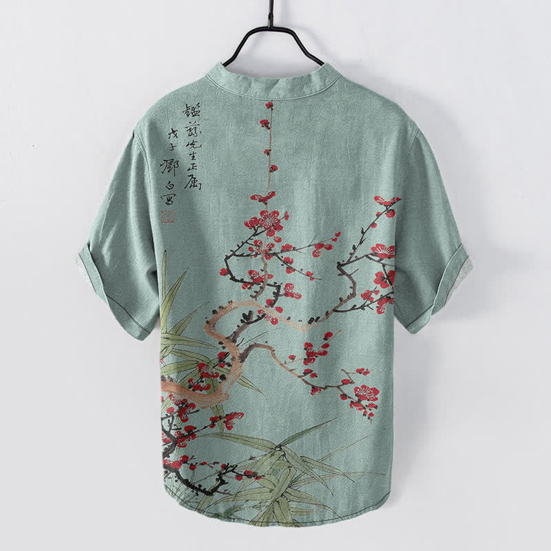 Buddha Stones Cotton Plum Blossom Bamboo Pattern Men's Short Sleeve Half Button Shirt - image 8