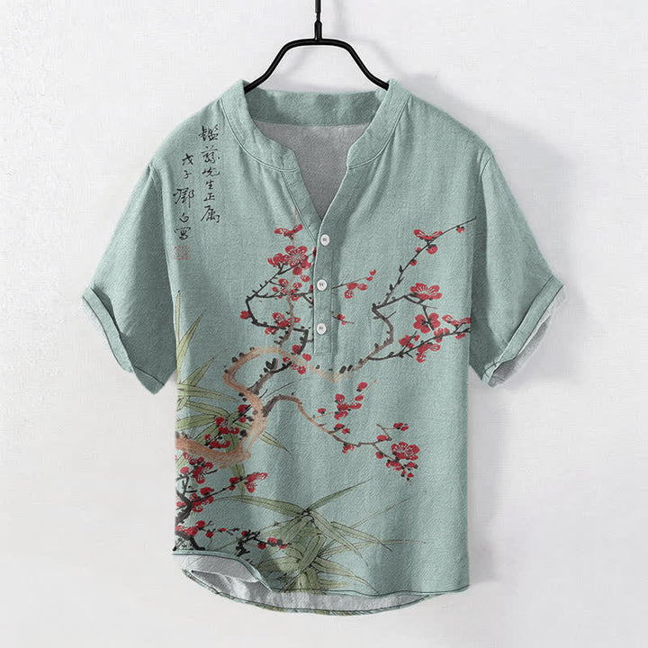 Buddha Stones Cotton Plum Blossom Bamboo Pattern Men's Short Sleeve Half Button Shirt - Turquoise - US/UK/AU50，EU60 (5XL) - image 7