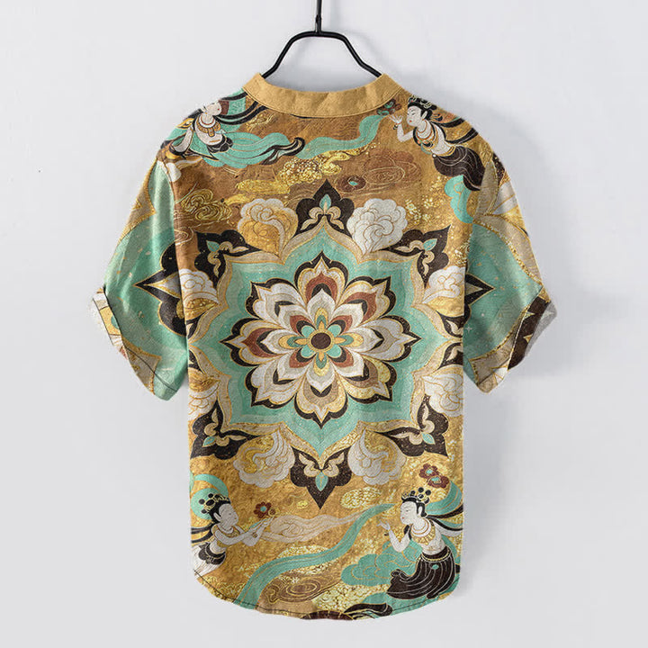Buddha Stones Cotton Mandala Lotus Pattern Men's Short Sleeve Half Button Shirt - image 1