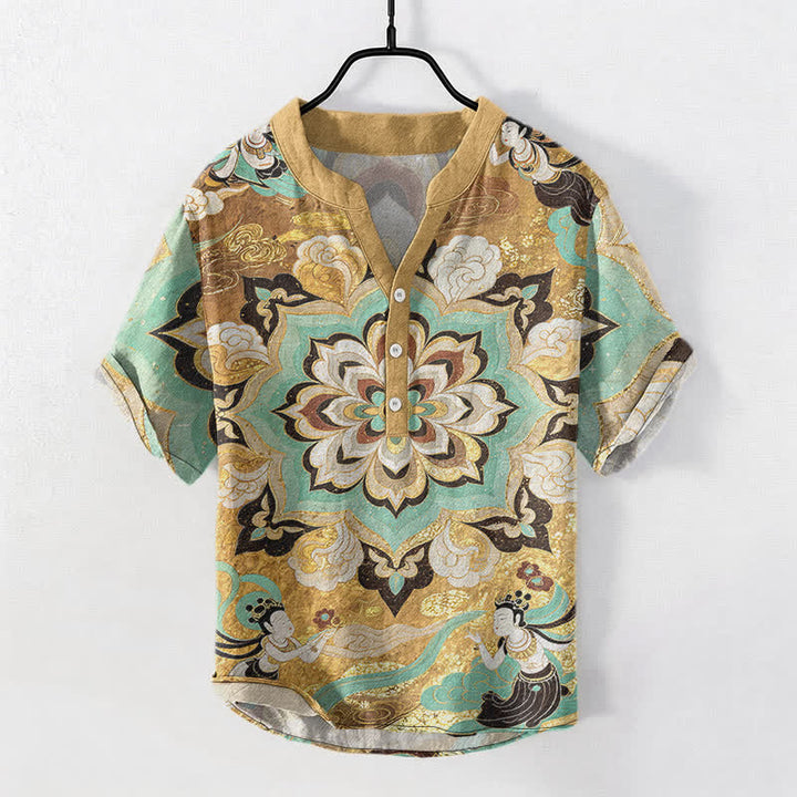 Buddha Stones Cotton Mandala Lotus Pattern Men's Short Sleeve Half Button Shirt - Gold - US/UK/AU50，EU60 (5XL) - image 0