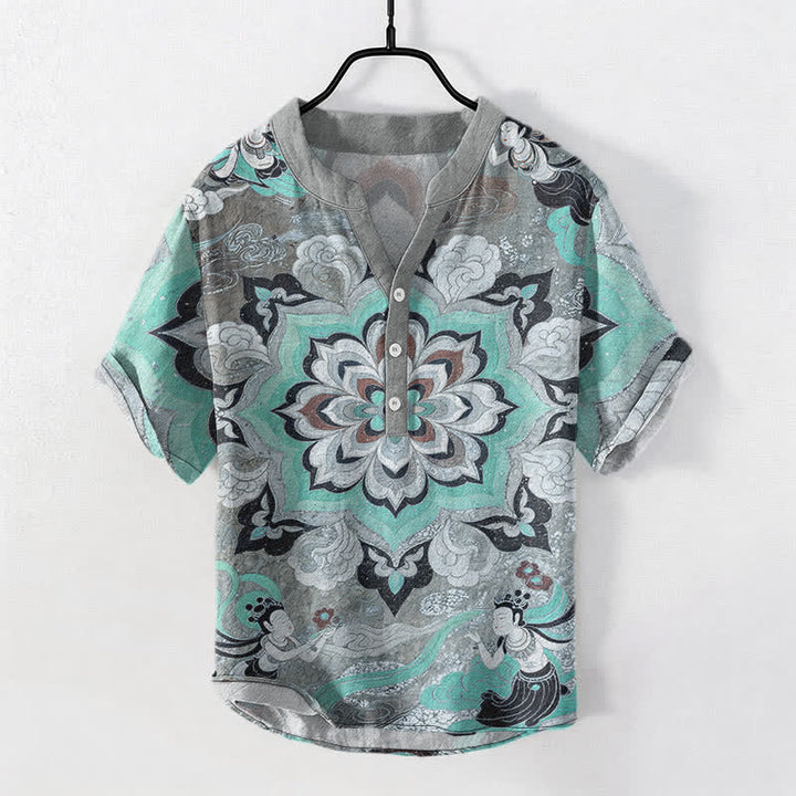 Buddha Stones Cotton Mandala Lotus Pattern Men's Short Sleeve Half Button Shirt - Turquoise - US/UK/AU50，EU60 (5XL) - image 5