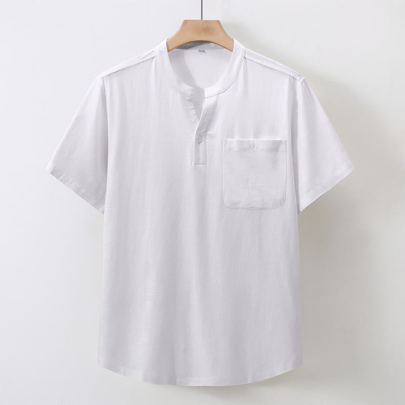 Buddha Stones Summer Casual Tang Style Mandarin Collar Solid Cotton Linen Men's Short Sleeve Shirts With Pocket - White - US/UK/AU46, EU56 (5XL) - image 10