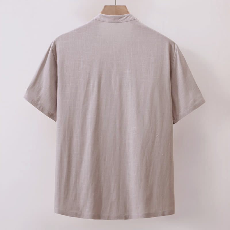 Buddha Stones Summer Casual Tang Style Mandarin Collar Solid Cotton Linen Men's Short Sleeve Shirts With Pocket - image 2