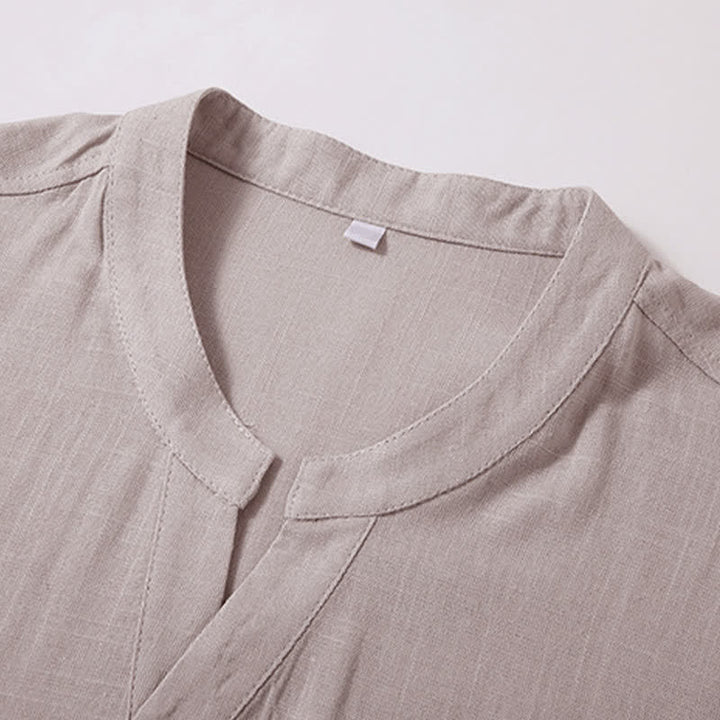 Buddha Stones Summer Casual Tang Style Mandarin Collar Solid Cotton Linen Men's Short Sleeve Shirts With Pocket - image 3