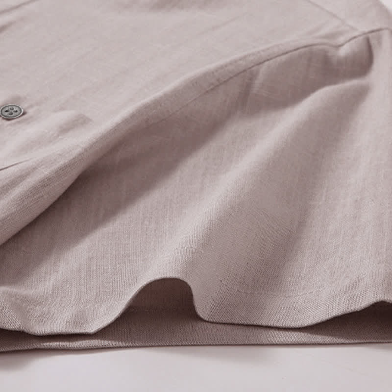 Buddha Stones Summer Casual Tang Style Mandarin Collar Solid Cotton Linen Men's Short Sleeve Shirts With Pocket - image 5
