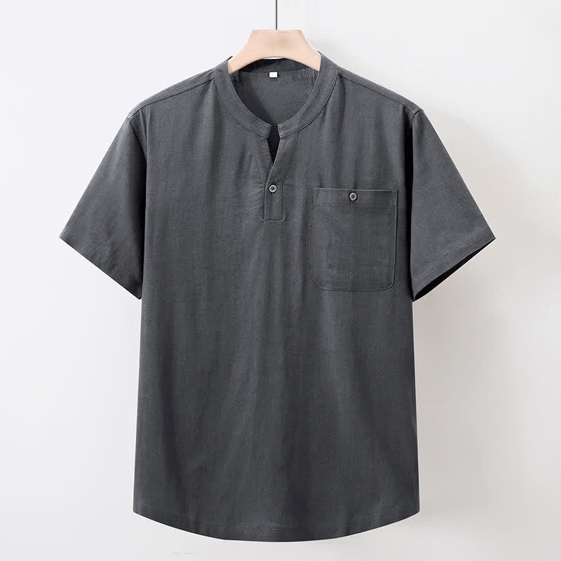 Buddha Stones Summer Casual Tang Style Mandarin Collar Solid Cotton Linen Men's Short Sleeve Shirts With Pocket - DimGray - US/UK/AU46, EU56 (5XL) - image 0