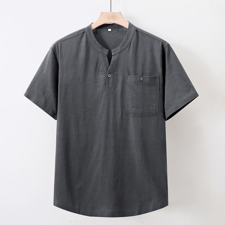 Buddha Stones Summer Casual Tang Style Mandarin Collar Solid Cotton Linen Men's Short Sleeve Shirts With Pocket - DimGray - US/UK/AU46, EU56 (5XL) - image 0