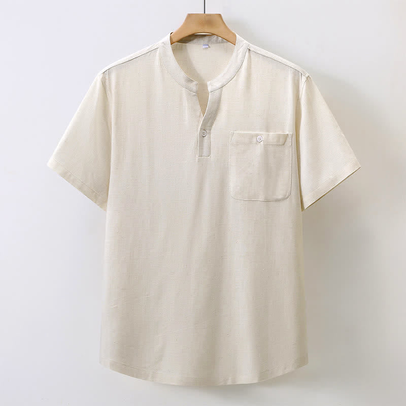 Buddha Stones Summer Casual Tang Style Mandarin Collar Solid Cotton Linen Men's Short Sleeve Shirts With Pocket - Beige - US/UK/AU46, EU56 (5XL) - image 9