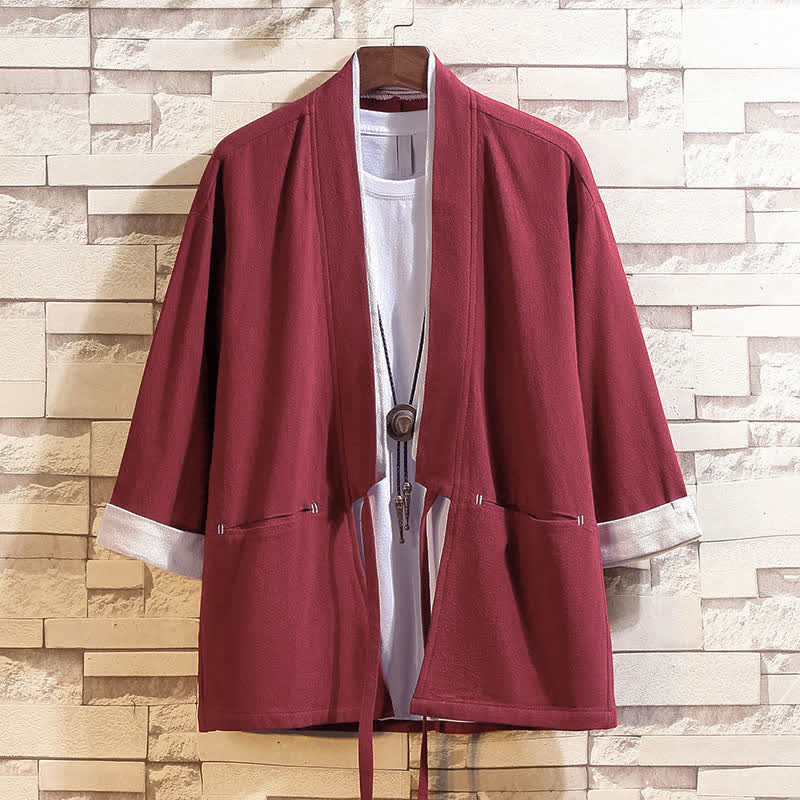 Buddha Stones Spring Summer Casual Minimalist Solid Three-Quarter Sleeve Men's Kimono With Pockets - FireBrick - US/UK/AU46, EU56 (5XL) - image 14