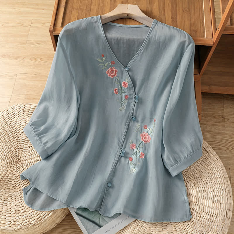 Buddha Stones Summer Tang Style Vintage Embroidery Floral Women's Elbow-Length Sleeve Shirts - PowderBlue - US8-10, UK/AU12-14, EU40-42 (2XL) - image 0