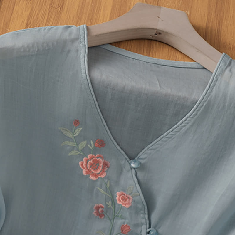 Buddha Stones Summer Tang Style Vintage Embroidery Floral Women's Elbow-Length Sleeve Shirts - image 1