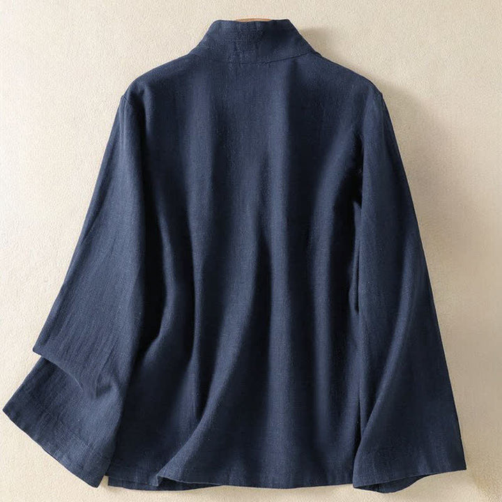 Buddha Stones Spring Summer Casual Tang Style V-Neck Drawstring Solid Women's Long Sleeve Shirts - image 1