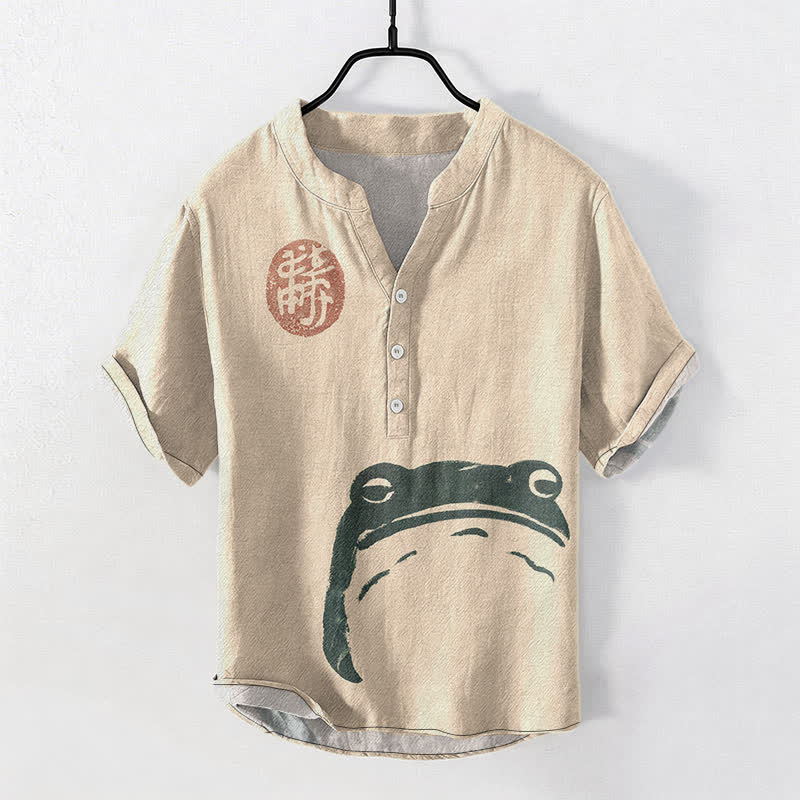 Buddha Stones Cotton Vintage Frog Seal Pattern Men's Short Sleeve Half Button Shirt - Wheat - US/UK/AU50，EU60 (5XL) - image 5