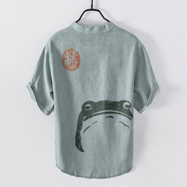 Buddha Stones Cotton Vintage Frog Seal Pattern Men's Short Sleeve Half Button Shirt - image 8