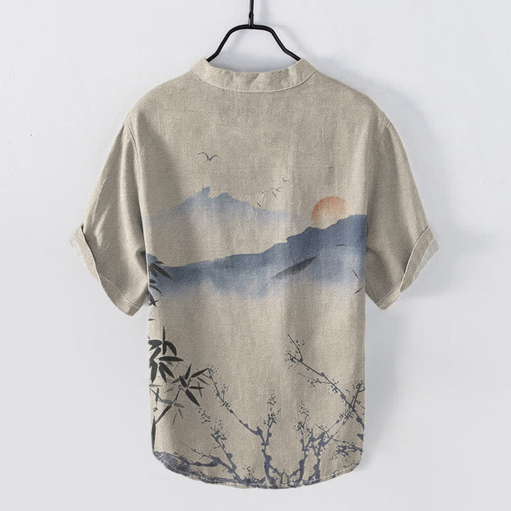 Buddha Stones Cotton Ink Mountain Sun Pattern Men's Short Sleeve Half Button Shirt - image 4