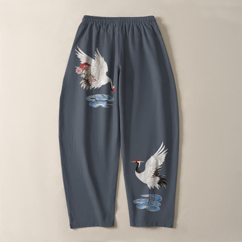 Buddha Stones Pure Cotton Red Crown Crane Pattern Drawstring Men's Tapered Pants With Pockets - image 3