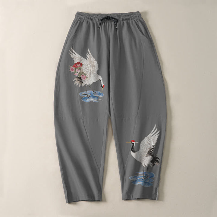 Buddha Stones Pure Cotton Red Crown Crane Pattern Drawstring Men's Tapered Pants With Pockets - image 9