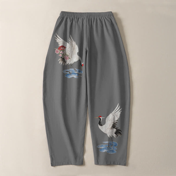 Buddha Stones Pure Cotton Red Crown Crane Pattern Drawstring Men's Tapered Pants With Pockets - image 10