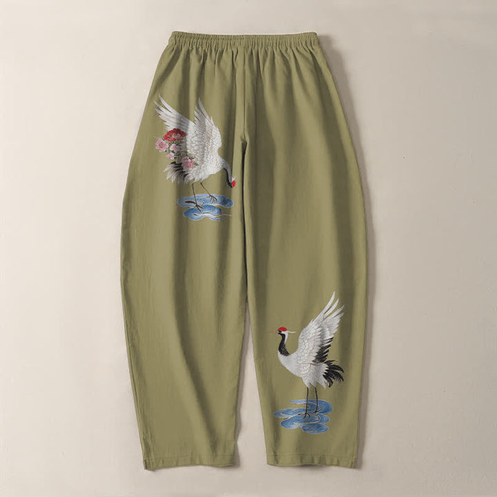 Buddha Stones Pure Cotton Red Crown Crane Pattern Drawstring Men's Tapered Pants With Pockets - image 14