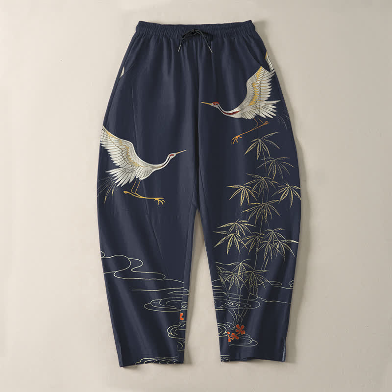 Buddha Stones Pure Cotton Crane Bamboo Wave Pattern Drawstring Men's Tapered Pants With Pockets - image 9